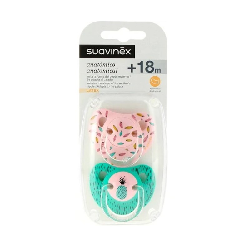 SUAVINEX Duplo Anatomical Latex Pacifier +18 months (Pink and Pineapple Green)