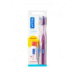 VITIS Medium Zahnbürstenpackung 2 Einheiten + Anti-Karies-Paste 15 ml als GESCHENK
