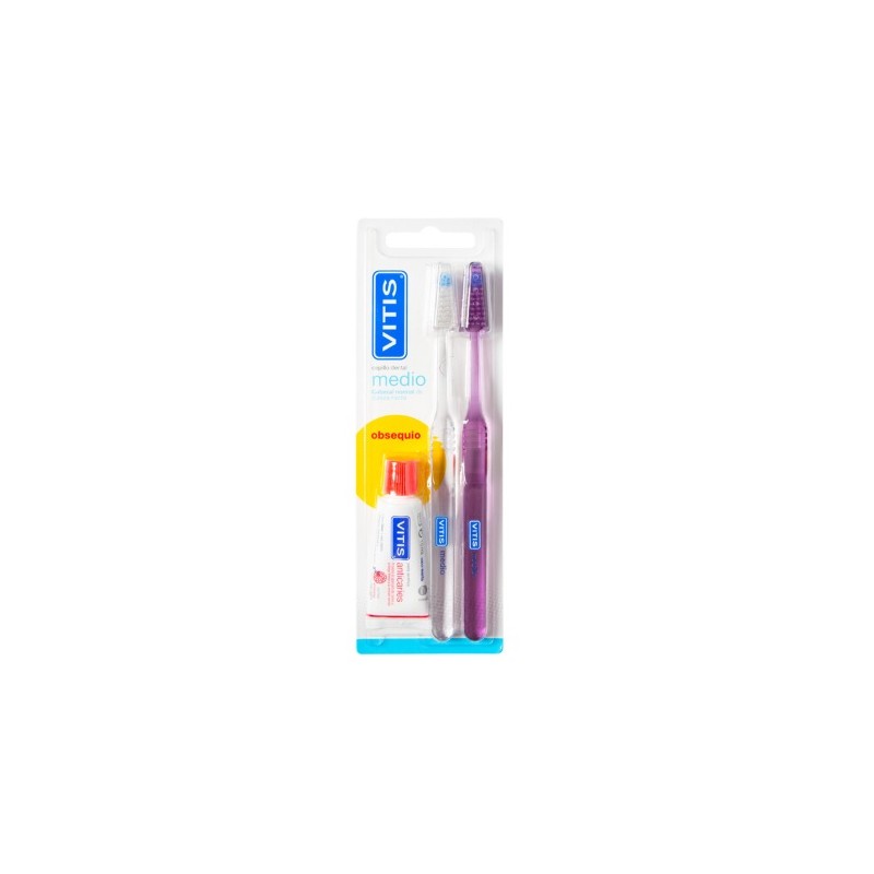 VITIS Medium Zahnbürstenpackung 2 Einheiten + Anti-Karies-Paste 15 ml als GESCHENK