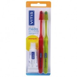 Confezione di spazzolini VITIS Medium Access da 2 unità + dentifricio sbiancante da 15 ml in REGALO