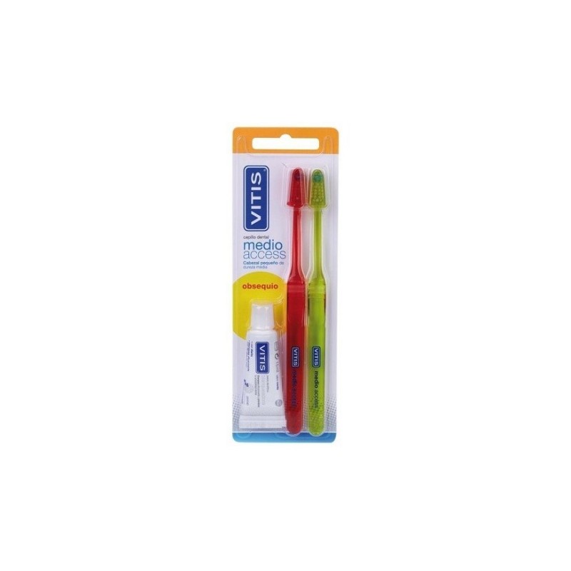 Confezione di spazzolini VITIS Medium Access da 2 unità + dentifricio sbiancante da 15 ml in REGALO