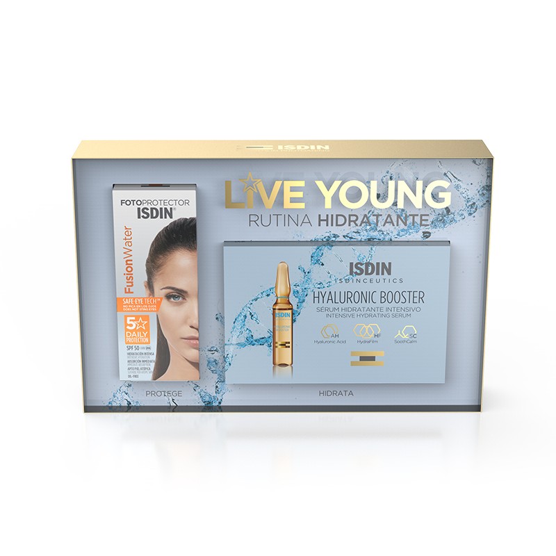 ISDIN Pack Live Young Rutina Hidratante: Fusion Water SPF 50 + Ampollas Hyaluronic Booster