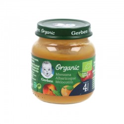 Frasco de purê orgânico de maçã, damasco e pêssego GERBER +4 meses 125g