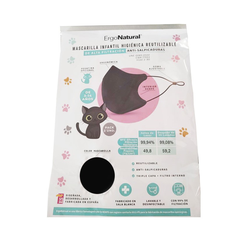 Wiederverwendbare Hygienemasken für Kinder ERGONATURAL Schwarz 2 Einheiten Wiederverwendbare Hygienemasken für Kinder ERGONATURAL Schwarz 2 Einheiten