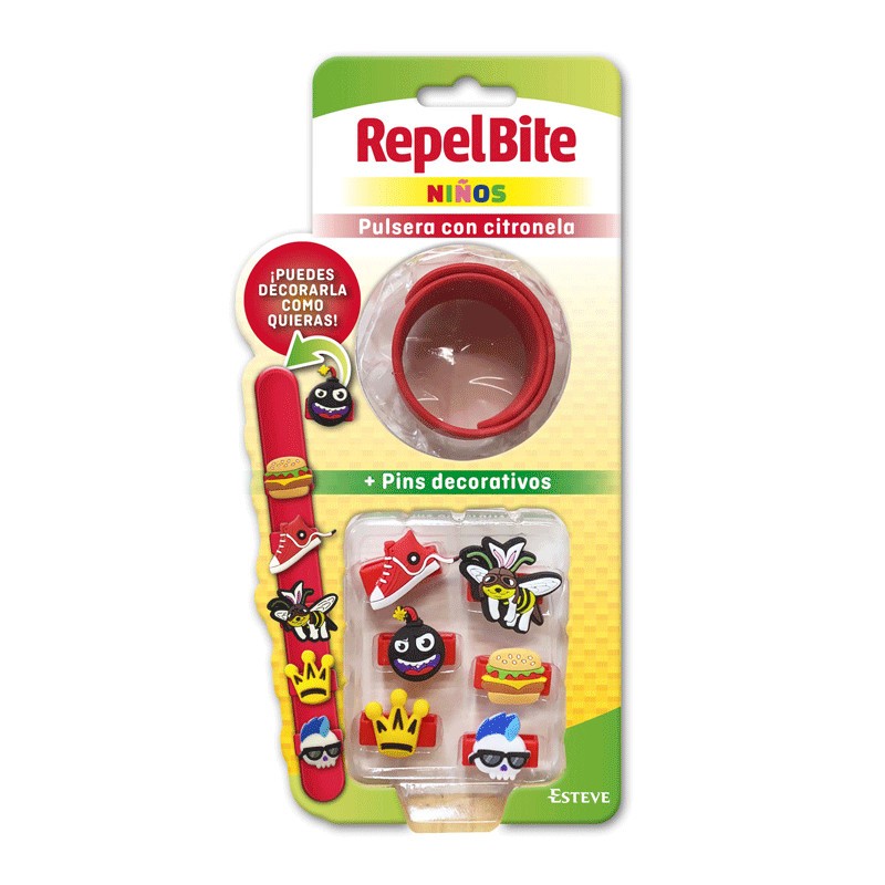 REPEL BITE Bracciale Citronella per bambini + Spille decorative Rosso