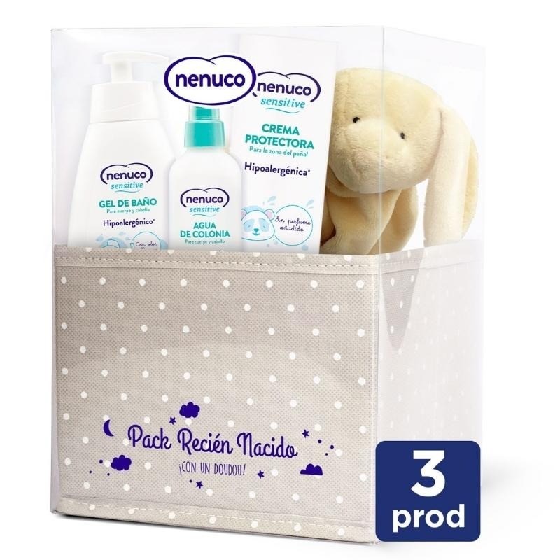 NENUCO Sensitive Newborn Basket: Badegel + Kölnisch Wasser + Schutzcreme + Doudou als Geschenk