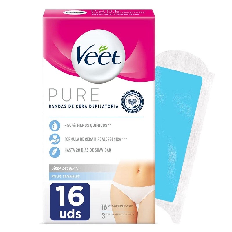 VEET Pure Cold Wax Strips Depilatory Bikini Area Sensitive Skin 16 strips