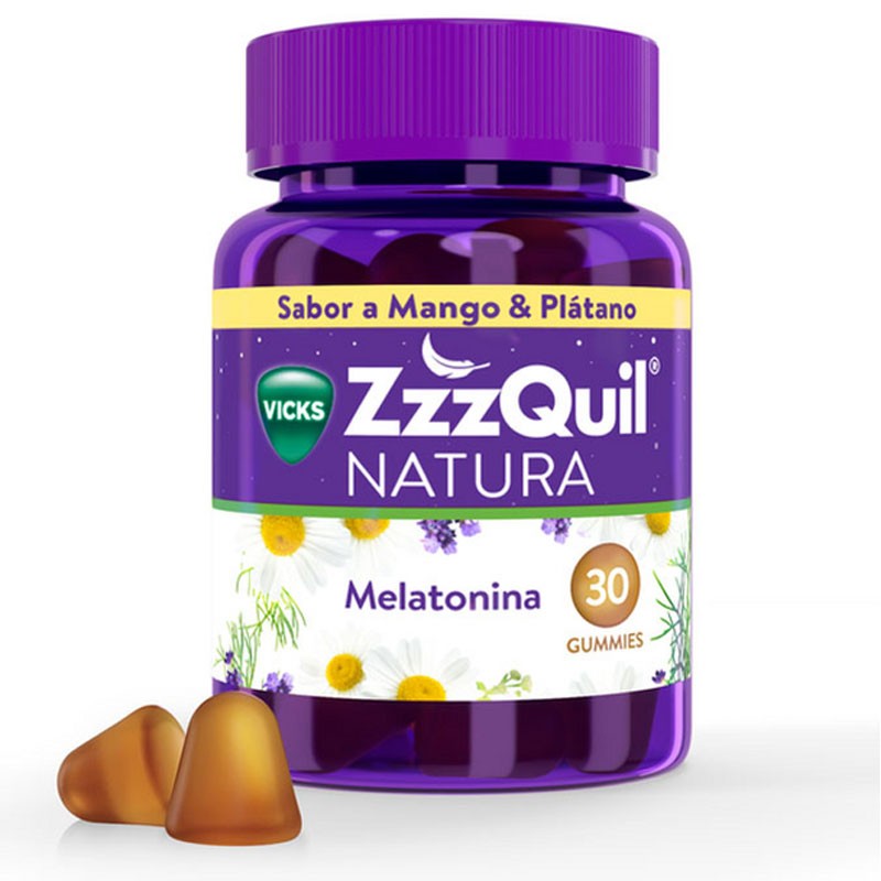 VICKS ZzzQuil Natura Melatonina Sleep Aid 30 caramelle gommose al gusto di mango e banana