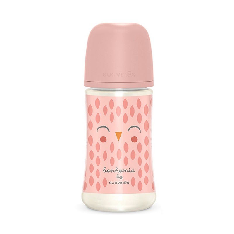SUAVINEX Premium Bonhomía Babyflasche +3m SX Pro Physiologisches Silikon 270ml (Pink Owl)