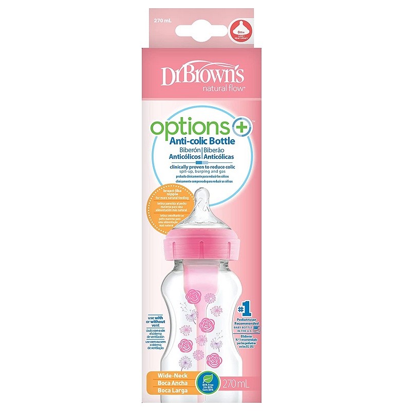 Opzioni biberon anticoliche a bocca larga Dr. BROWN'S+ Fiori rosa +0 mesi 270ml