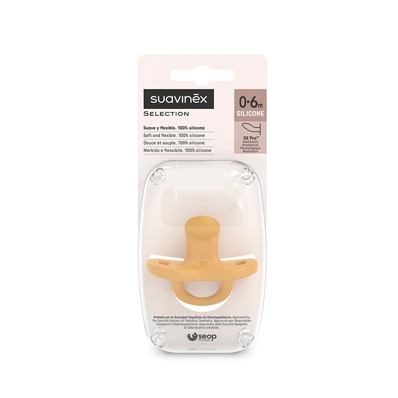 SUAVINEX Sucette tout silicone SX Pro Anatomique 0-6 mois (couleur moutarde) SUAVINEX Sucette tout silicone SX Pro Anatomique 0-6 mois (couleur moutarde)