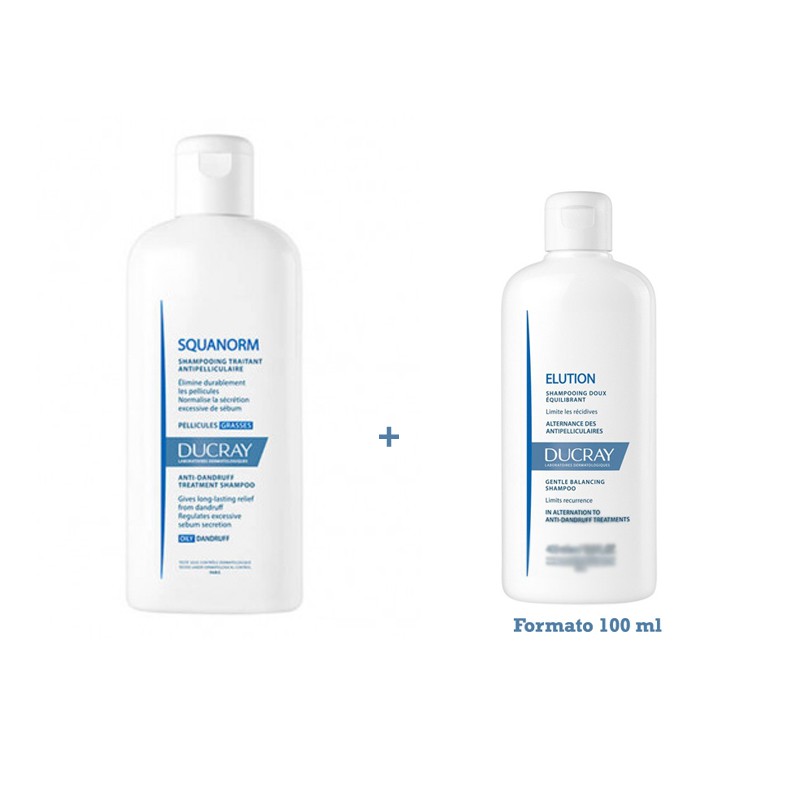 DUCRAY Squanorm Shampoing Antipelliculaire Pellicules Grasses 200ML + Ducray Elucion Shampoing 100 ml CADEAU