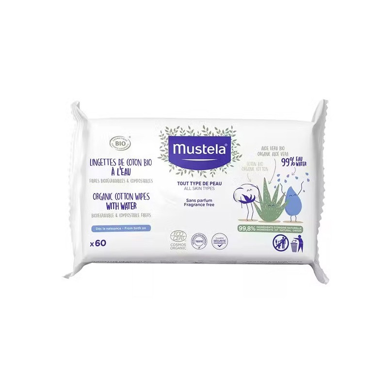 Confezione di salviette per acqua in cotone MUSTELA BIO da 60 unità