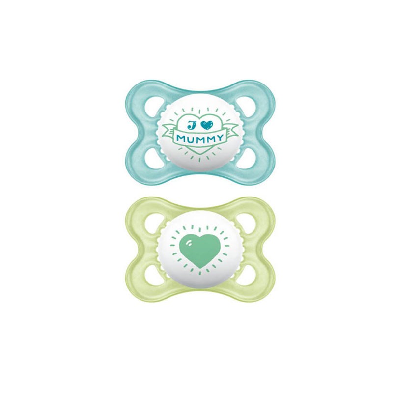 Succhiotto in lattice originale MAM 0-6M 2 unità Blu e lime Succhiotto in lattice originale MAM 0-6M 2 unità Blu e lime