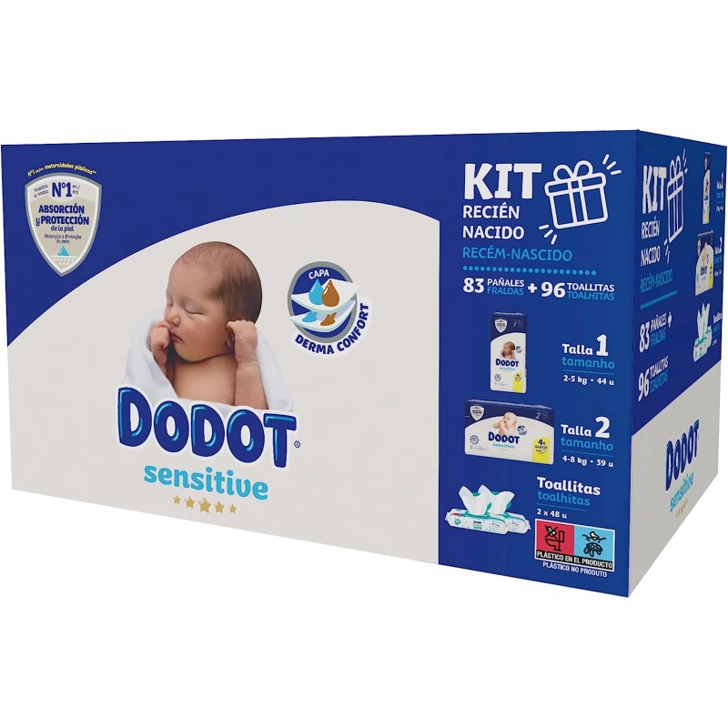 Dodot Pañales Bebé Sensitive Talla 1 (2-5 kg), 276 Pañales + Pack de 48  Toallitas Gratis Cuidado Total Aqua, Óptima Protección de la Piel de Dodot