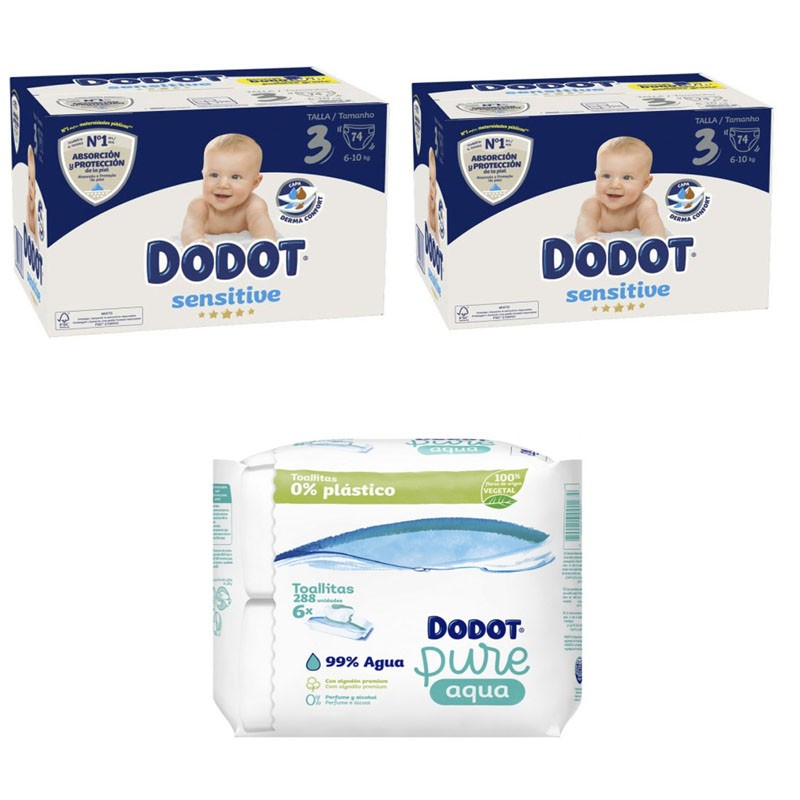 Pannolini neonato DODOT Sensitive Taglia 3 2x 74 unità + Salviette Aquapure 288 unità