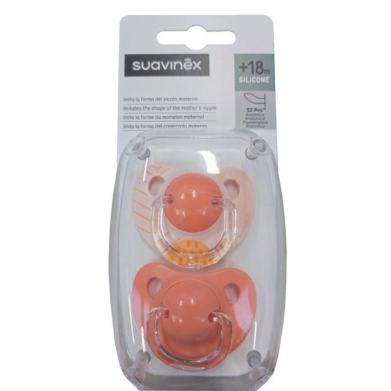 Chupeta SUAVINEX Tetina Anatômica de Silicone +18 Meses x2 (Rosa-Listras)