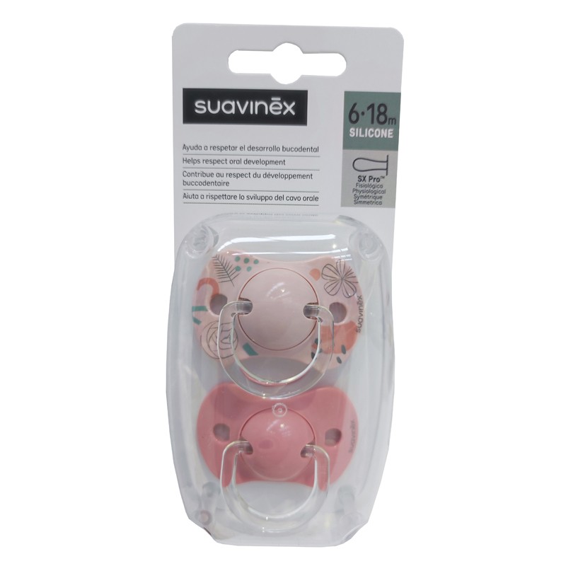Chupeta SUAVINEX SX Pro Tetina Fisiológica de Silicone 6-18 Meses 2 Unidades (Flor Espiga-Rosa)