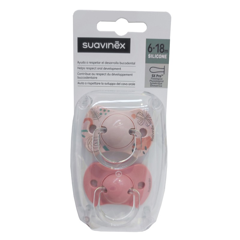 SUAVINEX SX Pro Pacifier Physiological Silicone Teat 6-18 Months 2 Units (Spike Flower-Pink)