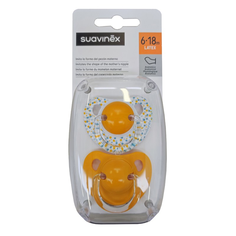 Chupeta SUAVINEX Tetina anatômica de látex 6-18M x2 (pontos e amarelo) Chupeta SUAVINEX Tetina anatômica de látex 6-18M x2 (pontos e amarelo)
