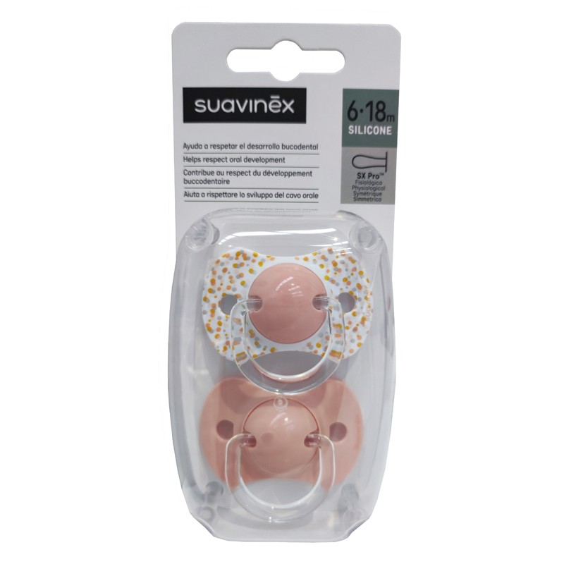SUAVINEX SX Pro Pacifier Physiological Silicone Teat 6-18 Months 2 Units (Orange-Pink Dots)