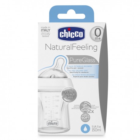 CHICCO Natural Feeling Glas-Babyflasche mit normalem Trinkfluss, 150 ml, 0 m+