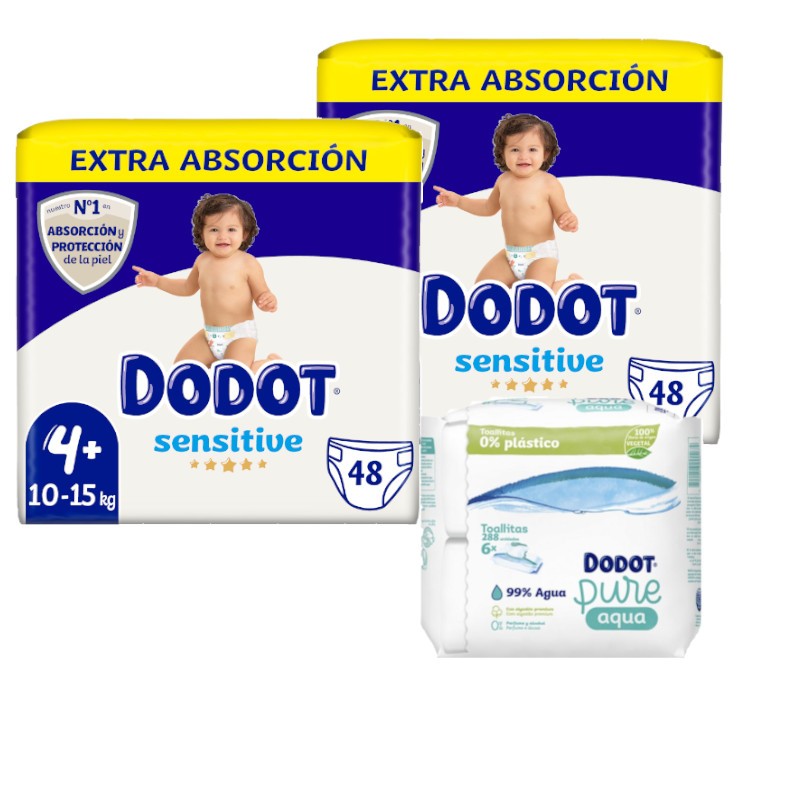 Dodot Sensitive Extra Jumbo Pack Tamanho 4+ 2x48 unidades + Toalhetes Aquapure 288 unidades