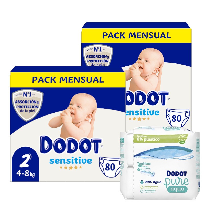 Pannolini neonato Dodot Sensitive Taglia 2 2x80 unità + Salviette Aquapure 288 unità