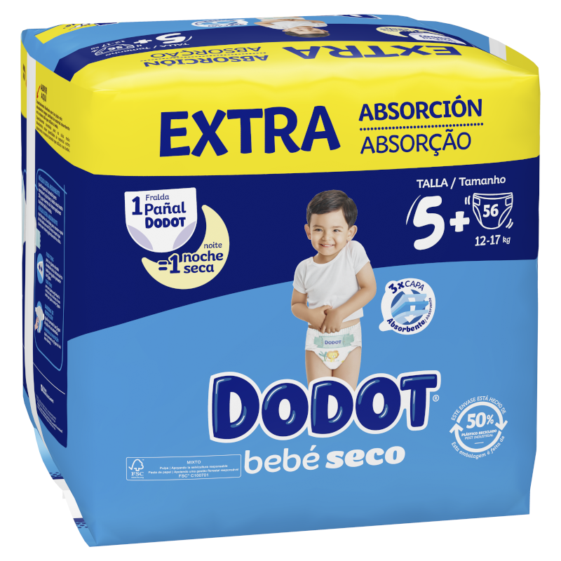 DODOT Bebé Seco Extra Jumbo Pack Talla 5+ (56 uds)