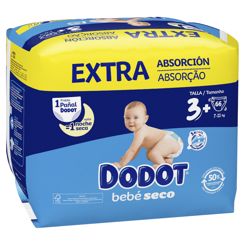 DODOT Bebé Seco Extra Jumbo Pack Talla 3 (66 uds) 【COMPRA ONLINE】