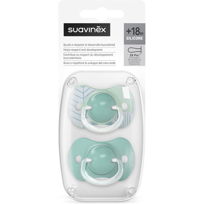 SUAVINEX SX Pro Pacifier Physiological Silicone Teat 18+ Months 2 Units (Green Leaf) SUAVINEX SX Pro Pacifier Physiological Silicone Teat 18+ Months 2 Units (Green Leaf)