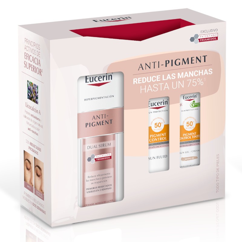 Eucerin Pack Anti-Pigment Dual Serum Facial Antimanchas 30ml +2 Mini Fluidos Solares SPF50: Pigment Control y Tinted