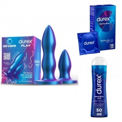 DUREX Pack Set di tappi anali Deep & Deeper + Lubrificante originale H2O 50ml + Preservativo naturale