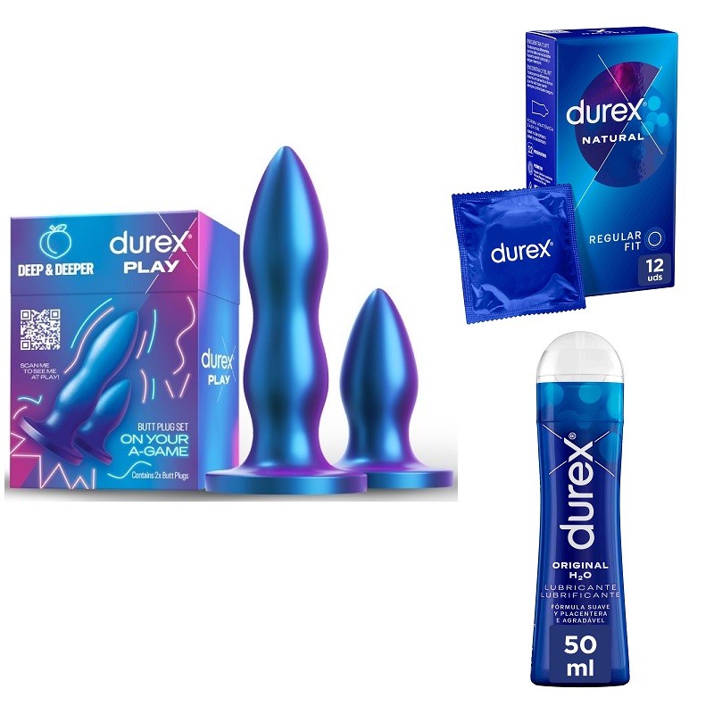 DUREX Pack Set of Deep & Deeper Anal Plugs + Original H2O Lubricant 50ml + Natural Condom