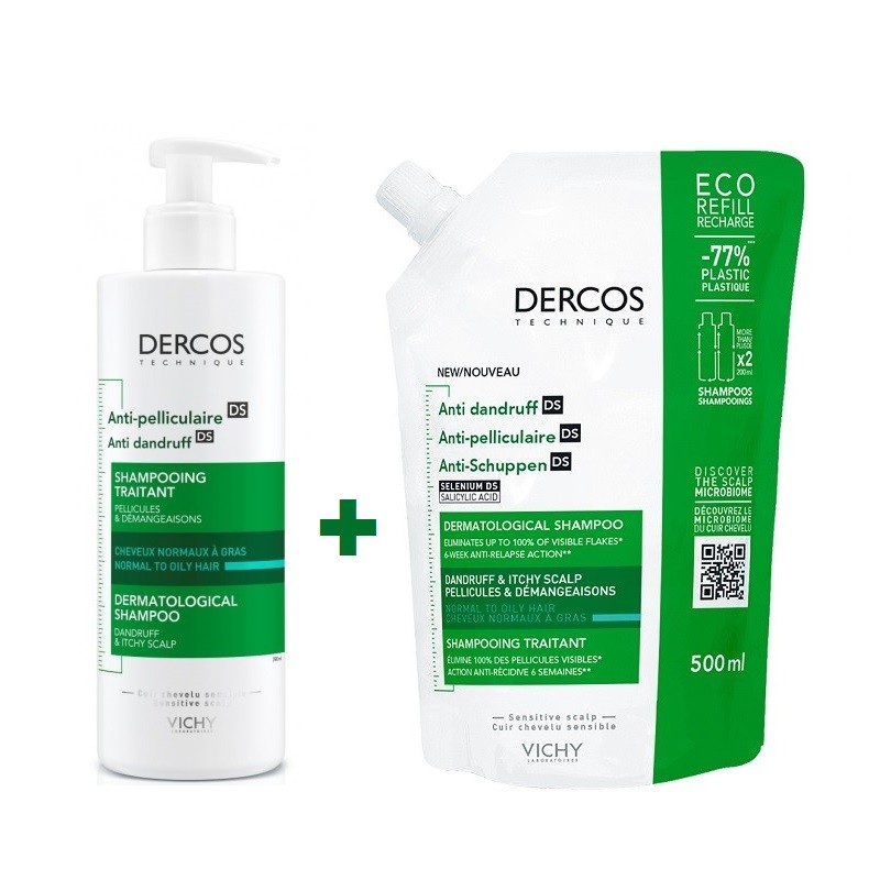 VICHY Dercos Shampoing Antipelliculaire Cheveux Normaux-Gras 390 ml + Eco Recharge 500 ml