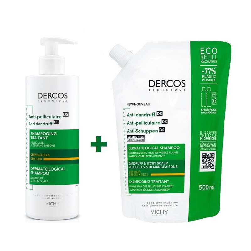 VICHY Dercos Anti-Dandruff Shampoo for Dry Hair 390ml + Eco Refill 500ml