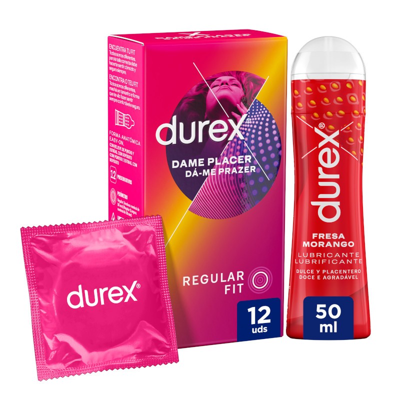 DUREX Pack Kondom Give Me Pleasure 12 Kondome + Erdbeer-Gleitgel 50 ml
