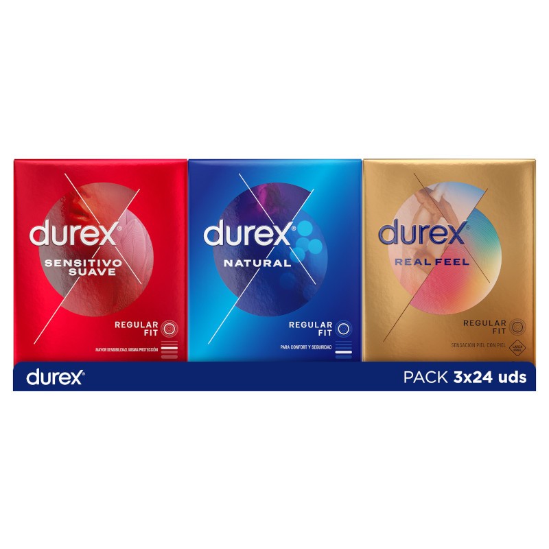 Confezione di preservativi DUREX Natural da 24 unità + Sensitive Soft da 24 unità + Real Feel da 24 unità