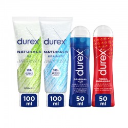 DUREX Pack Lubricantes Naturals H2O 100ml + Play Original H2O 50ml + Naturals Hidratante 100ml + Play Fresa 50ml