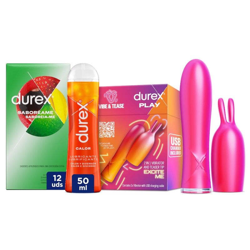 DUREX Pack 2 in 1 Vibrierender Rabbit + Gleitmittel mit Wärmeeffekt 50 ml + Saboreame Kondome 12 Einheiten