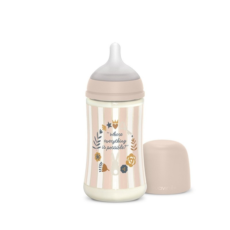 Biberon Suavinex Premium avec tétine ronde en silicone 3 positions +0 mois 270 ml (lapin rayé rose)
