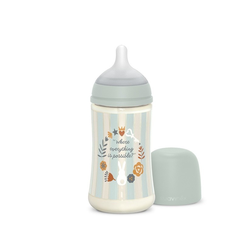 SUAVINEX Premium Bonhomía Babyflasche +3m Silikon SX Pro Physiologisch 270ml (blaue Streifen)